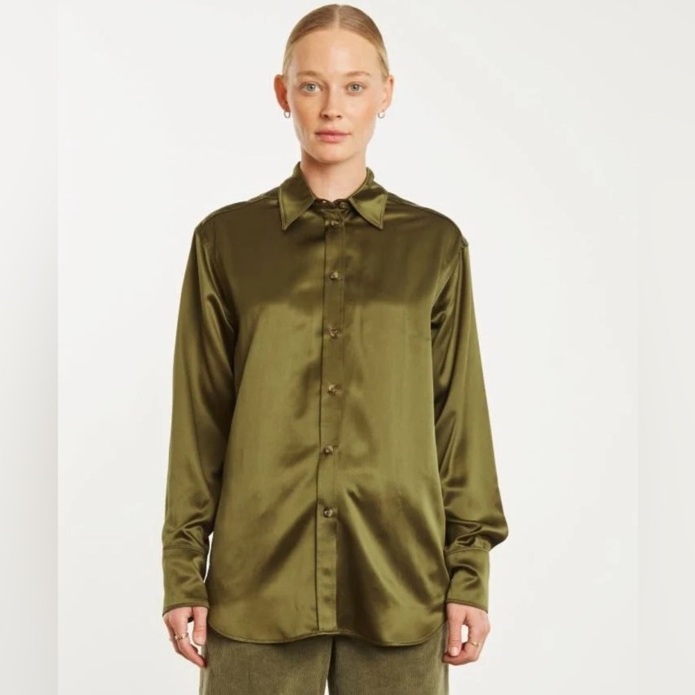 SPRWMN Olive Green Satin Button-Up Shirt